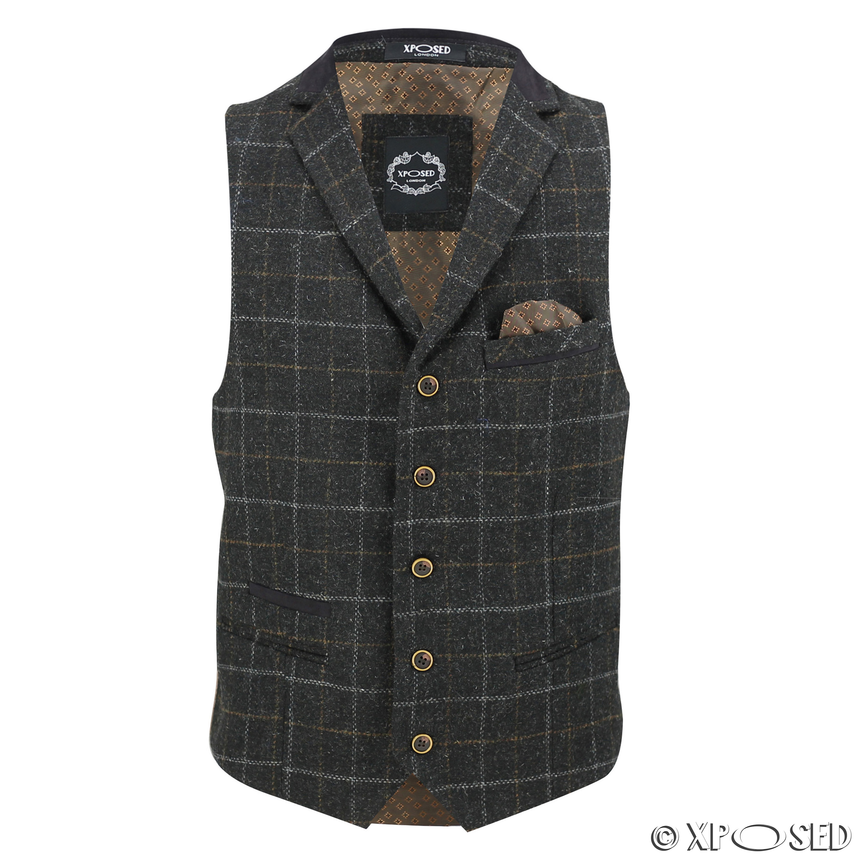 Mens Wool Mix Herringbone Tweed Check Vintage Collar Waistcoat Tailored